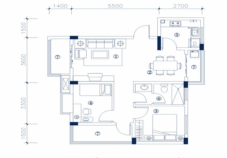 MC-2型 两室两厅一厨一卫 建筑面积 68.25㎡ 房屋面积54.74㎡ 